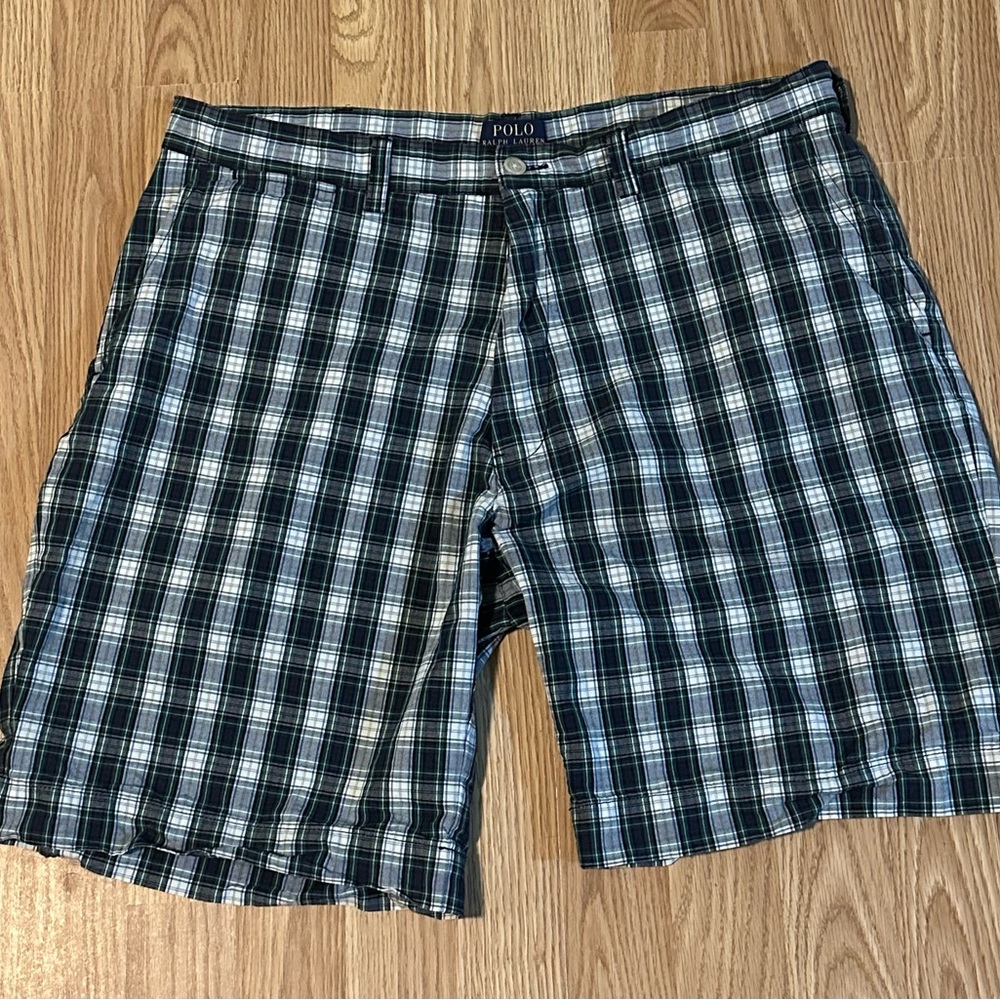 Polo by Ralph Lauren Blue, Green & White Plaid Shorts - Size 38 - 100% Cotton 9”